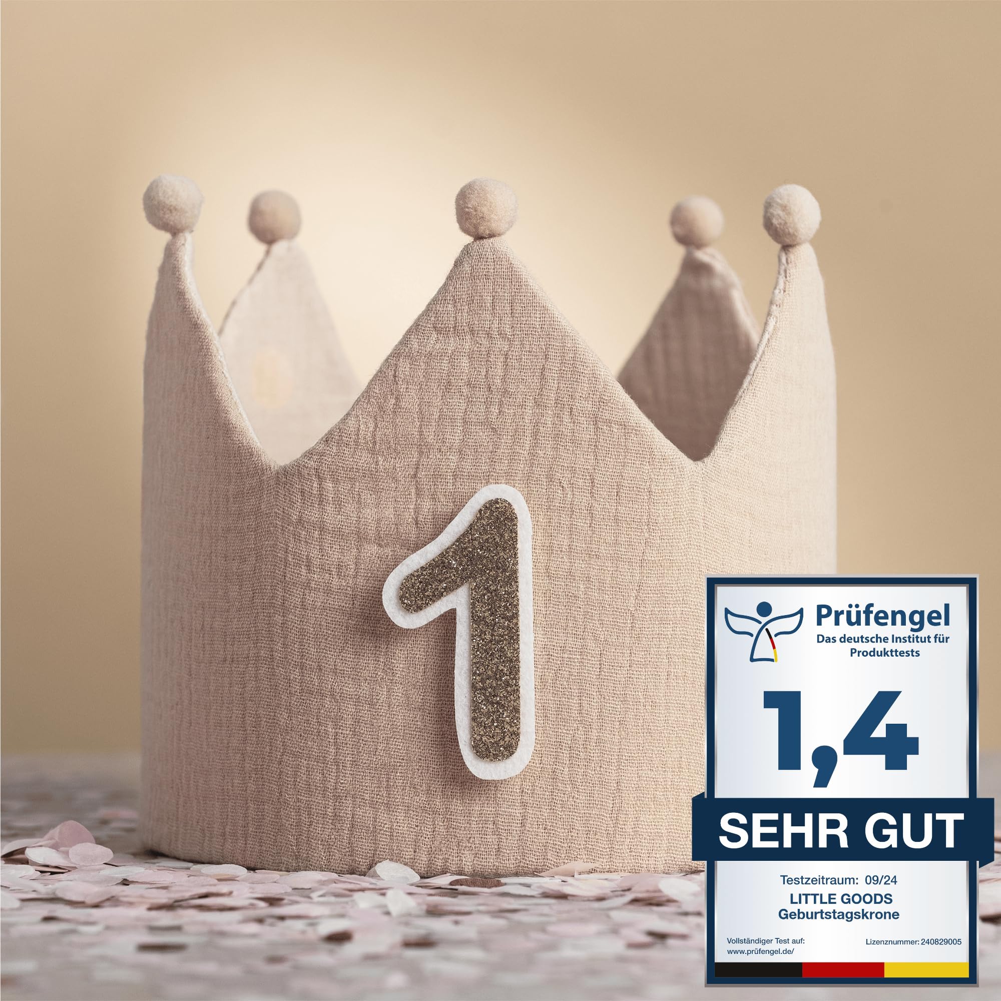 Little Goods Geburtstagskrone für Kinder - wendbare Musselin-Stoffkrone mit Zahlen 0-9 für Jungen und Mädchen in Pastell - Dunkelbeige - Hellbeige - Beige und warmen Tönen