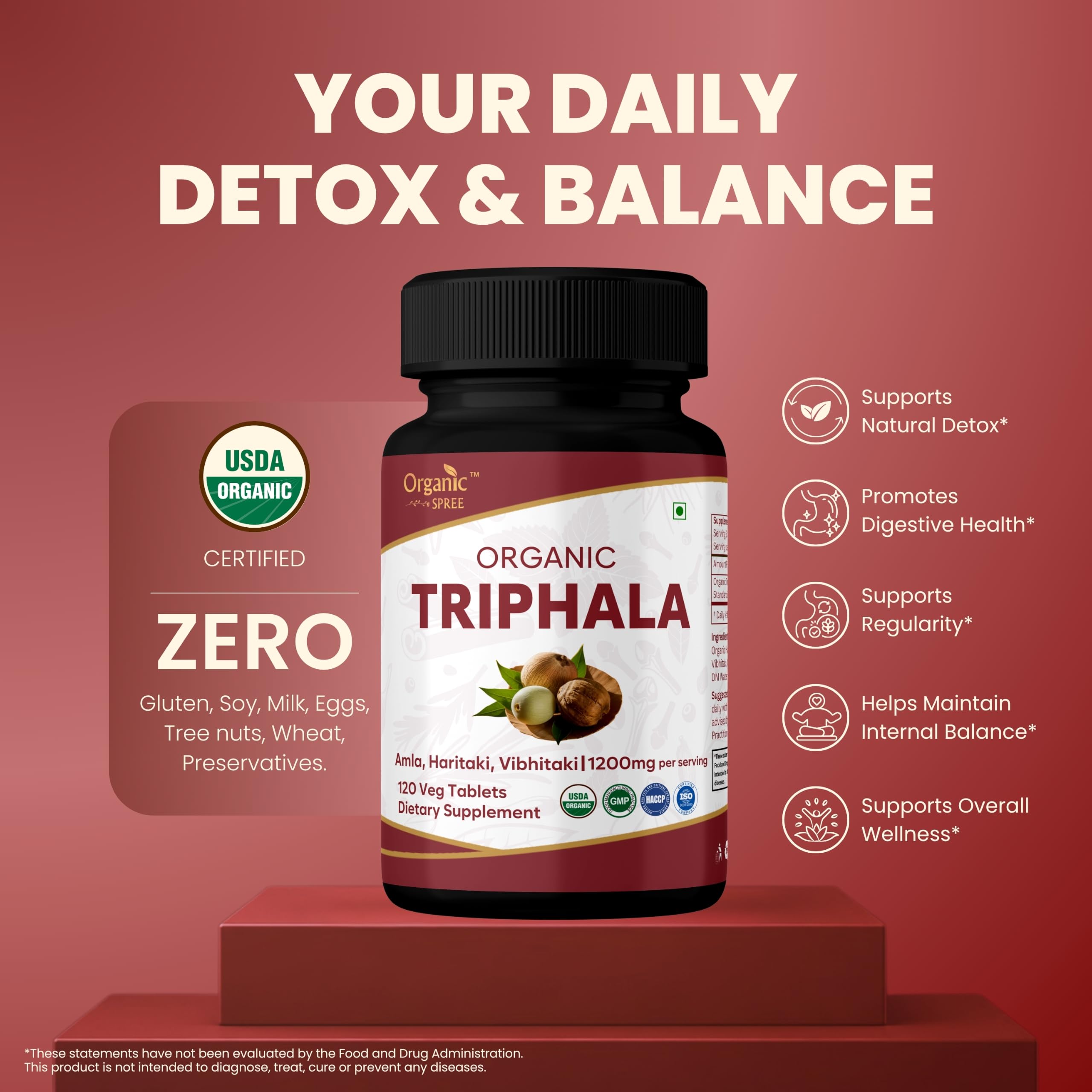 ORGANIC SPREE Triphala 120 Tablets - Supports Digestion, Occasional Bloating & Colon Cleanse* - Amla, Haritaki & Bibhitaki - 60 Days Supply - USDA Organic, GMP, HACCP Certified — Amazon image 2