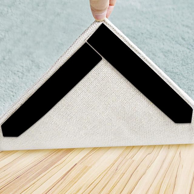 JIOL Rug Pad Gripper, 16 Pcs Non Slip Washable Removable Rug Stopper Anti Curling Corner Rug Tape - Keep Your Rug in Place and Flat (16, Black)