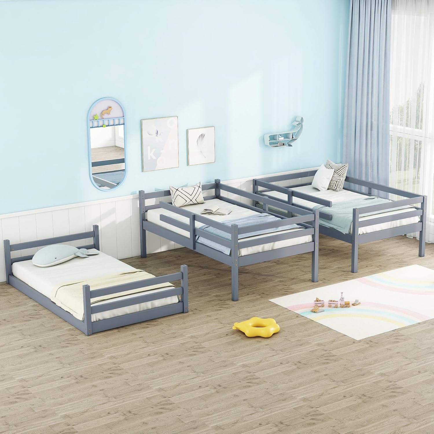 Twin Over Twin Over Twin Triple Bunk Bed for Kids,3 Bed Bunk Beds for 3,Solid Wood Twin Size Triple Bunk Bed with Two Built-in Ladders,Detachable Triple Bunk Beds,Grey