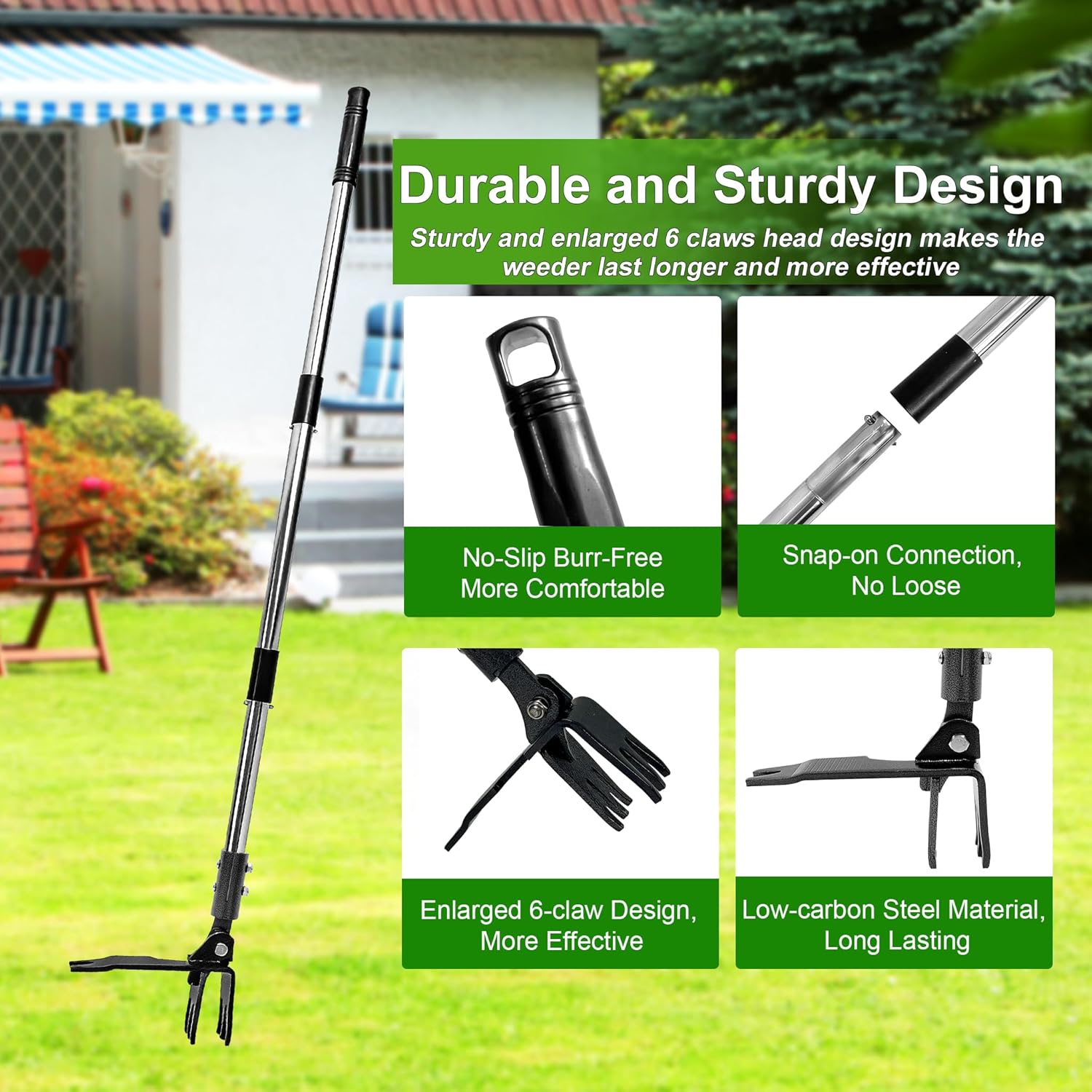 Weed Puller Tool Stand Up Hand Weeder Tool with Adjustable Long Handle, Weed Remover with Steel Head, Remove Weeds Root Easily without Bending, Pulling or Kneeling for Lawn Yard Garden(6 CLAWS)