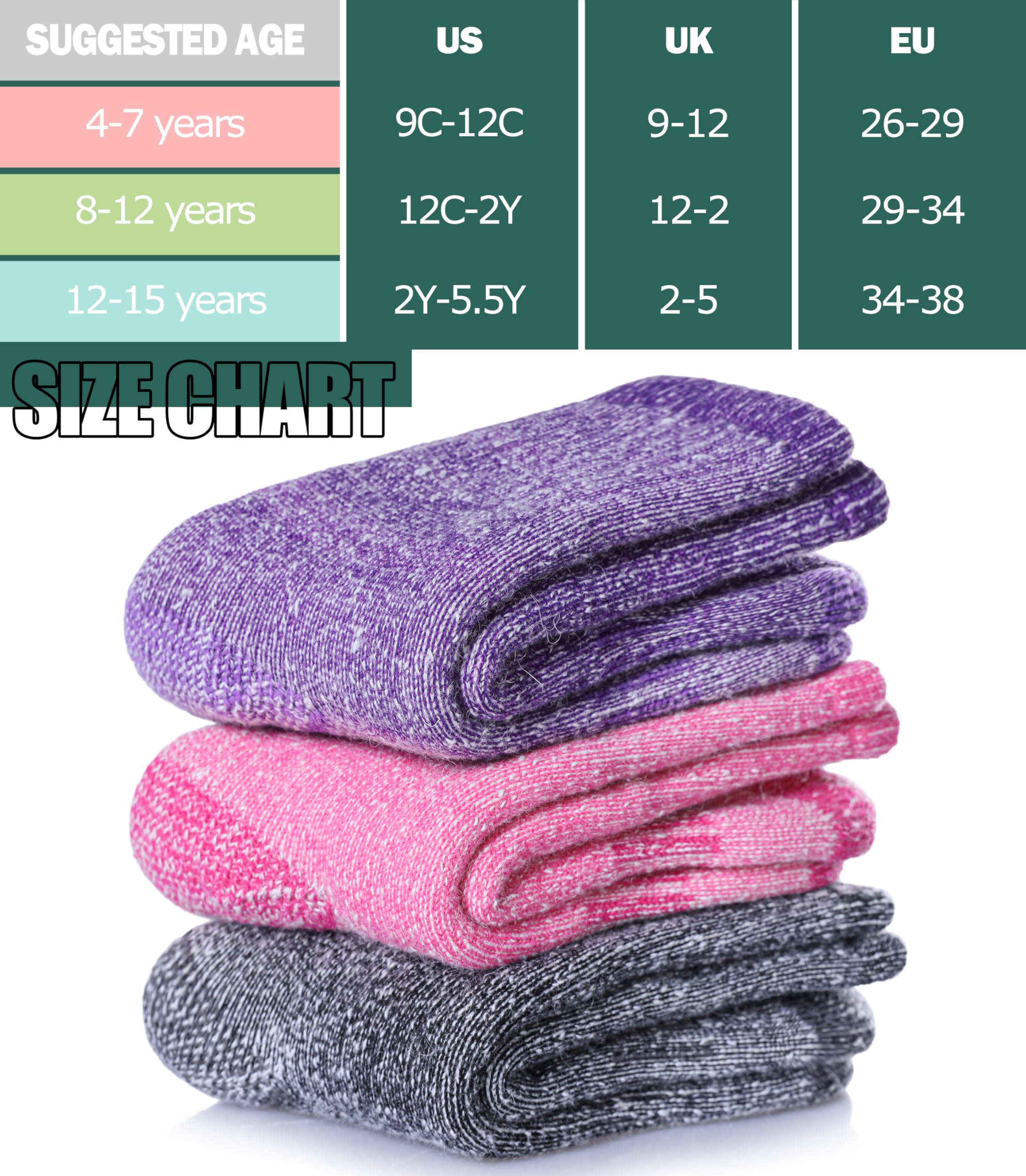 LINEMIN 3 pares de calcetines térmicos gruesos de lana merino para niños y niñas