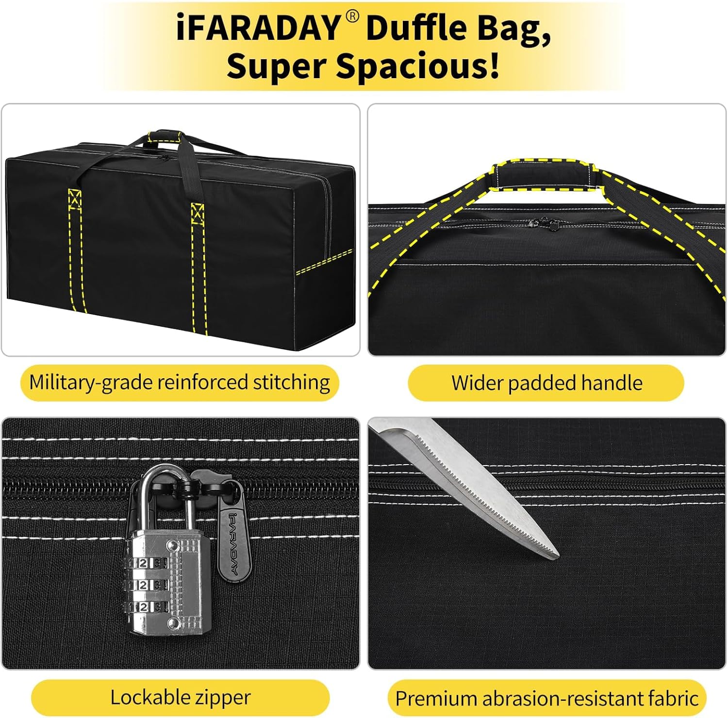 155L Oversized Duffle Bag - 42” Extra Large Heavy Duty Water Resistant Travel Bag for Camping Moving Storage (Black) - Image 3