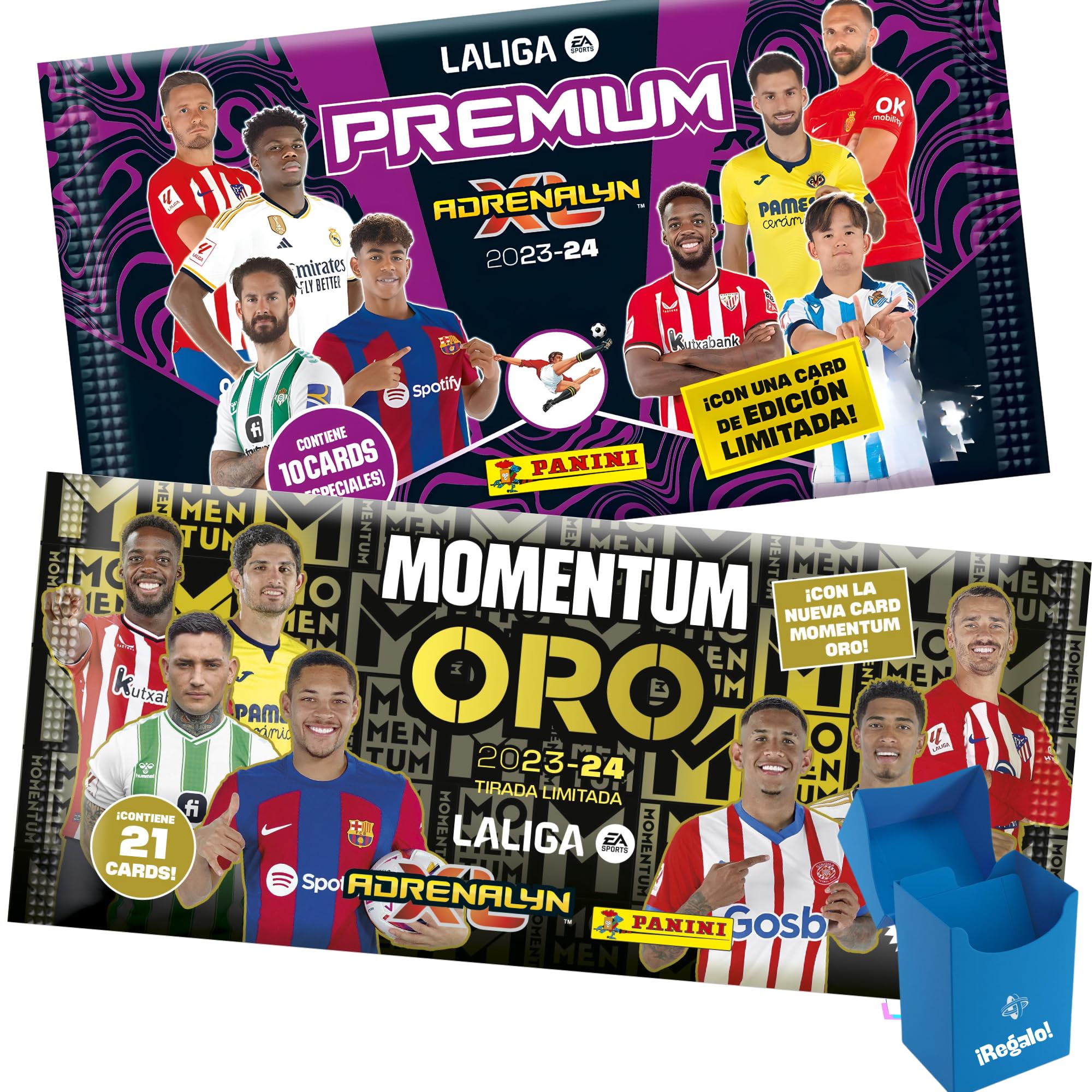 Panini Pack Sobre Momentum Oro Adrenalyn 2023-2024 y Megapack Premium | Regalo box para cromos repetidos La liga adrenalyn 23-24 España | Album XL (Sobre Momentum Oro + Sobre Premium)