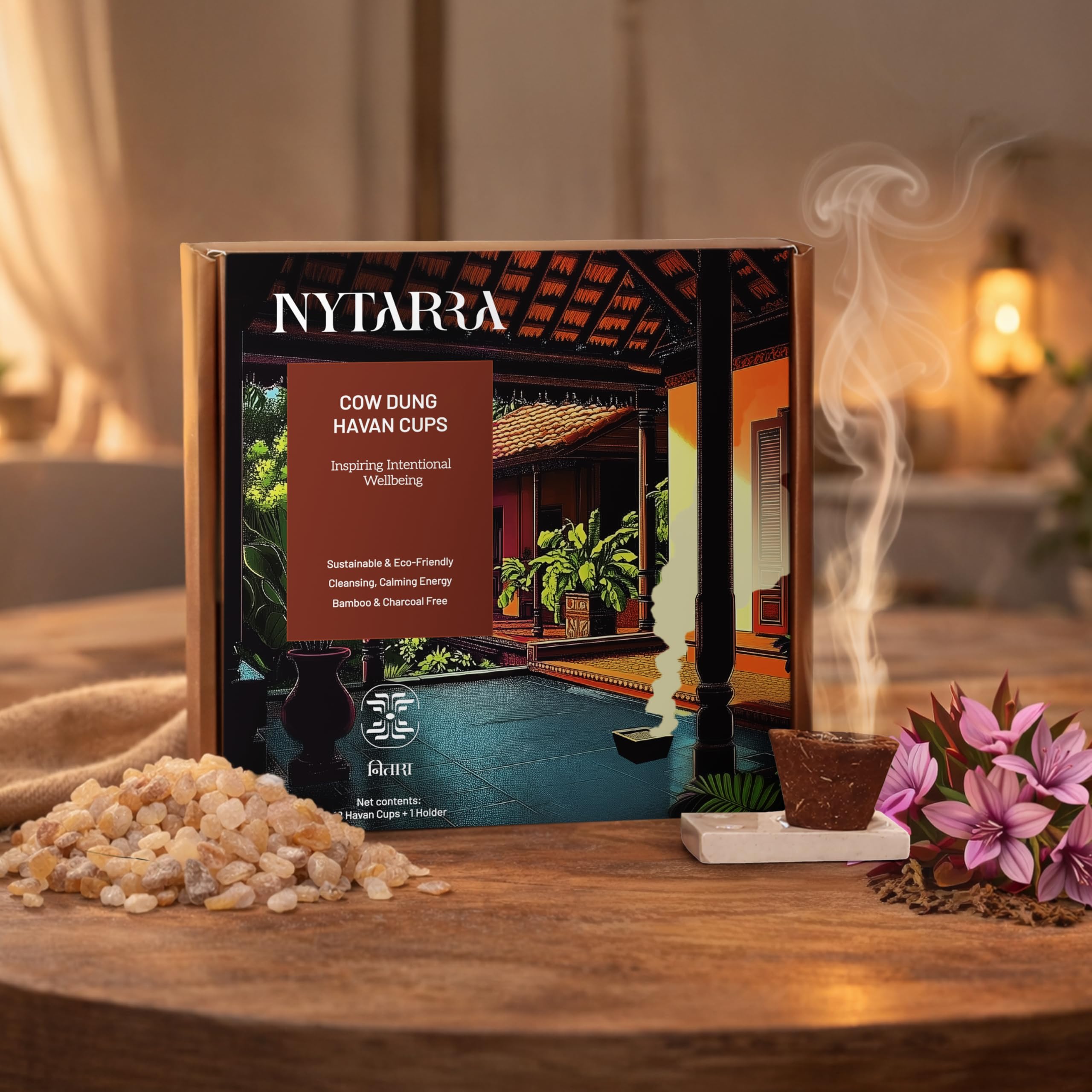 Nytarra Havan Cups for Pooja 12 pcs Each with Holder, Cow Dung Outer Shell Hawan Natural Herbs, Jatamasi, Tulsi, Ashwagandha, Guggal, Loban, Dried Flowers, Sambrani Dhoop Cups