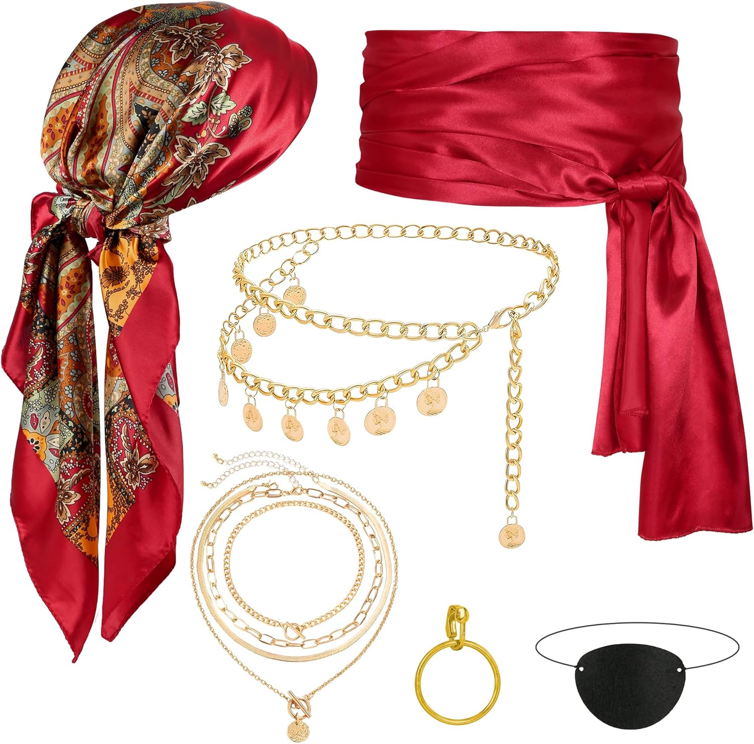 Pirate Accessories for Women Captain Pirate Costume Women with Head Scarf Sash Chain Belt Necklace Eye Patch Party Outfit