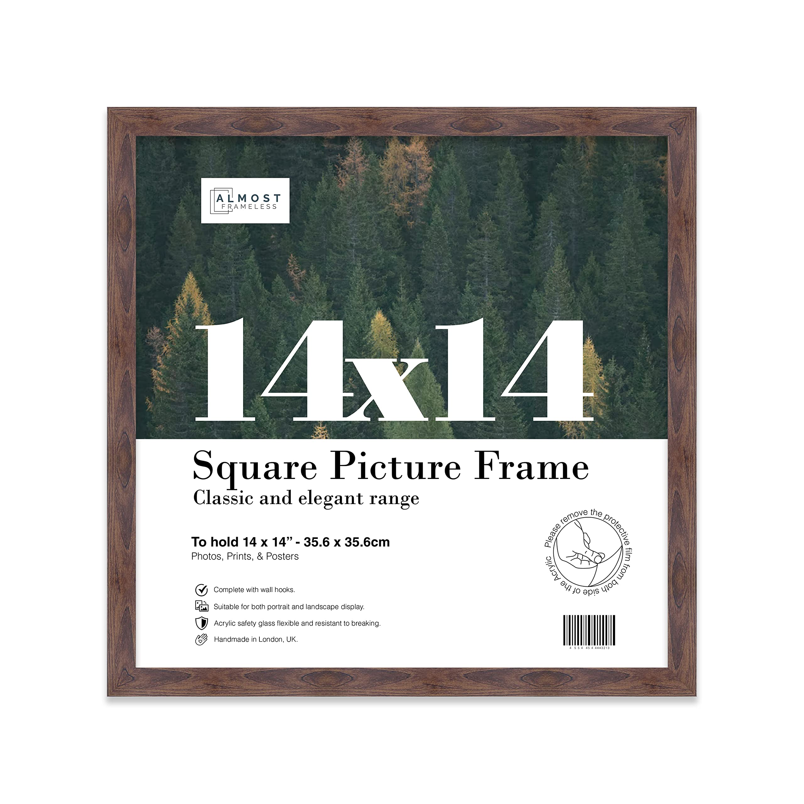 Almost Frameless 14x14 Walnut Picture Frame 14"x14"(35.6x35.6cm) Poster, Photo, Artwork, or Print. Thin Edge Slim Frame Portrait and Landscape Display with Wall Hooks