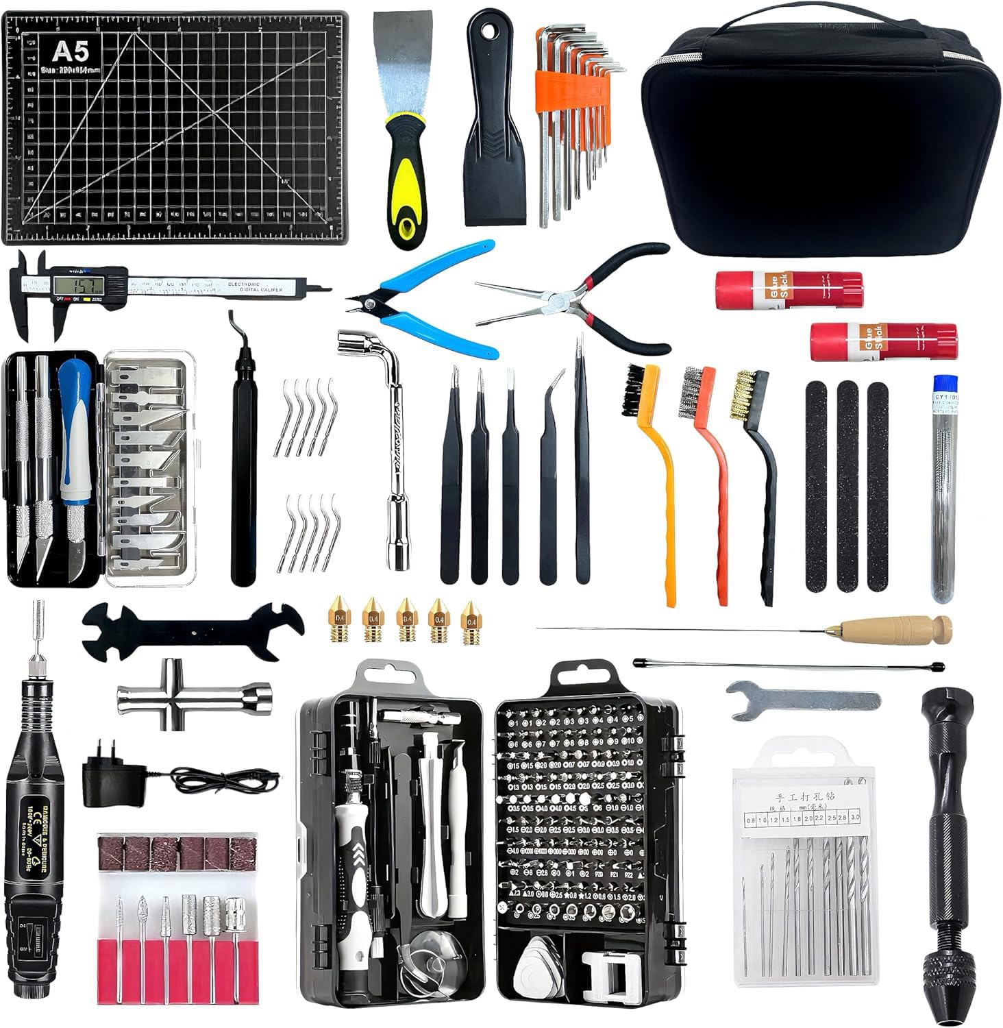 214PCS Kit de Herramientas para Impresora 3D, Accesorios con Limpieza de Boquillas, Desbarbador, Pinzas y Alicates para Desmontaje, Mantenimiento y Mecanizado de Precisión
