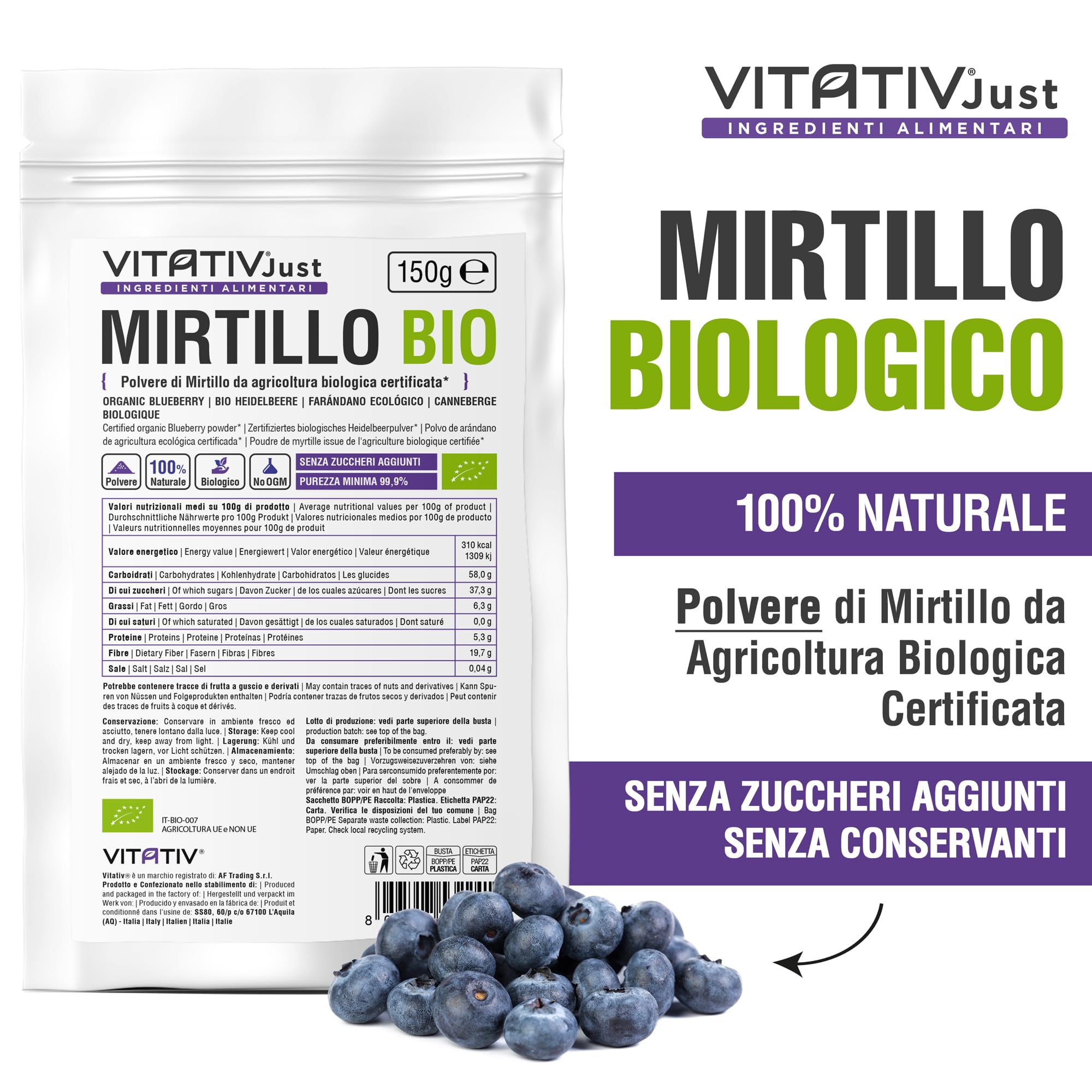 Polvere di Mirtillo Bio, Senza Zuccheri Aggiunti, da Agricoltura Biologica Certificata