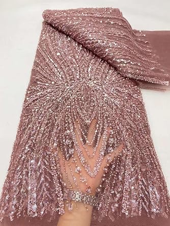Exquisite Tulle Lace French Sequins Beads Embroidery Fabric for Wedding Sewing 5 Yards,Pink