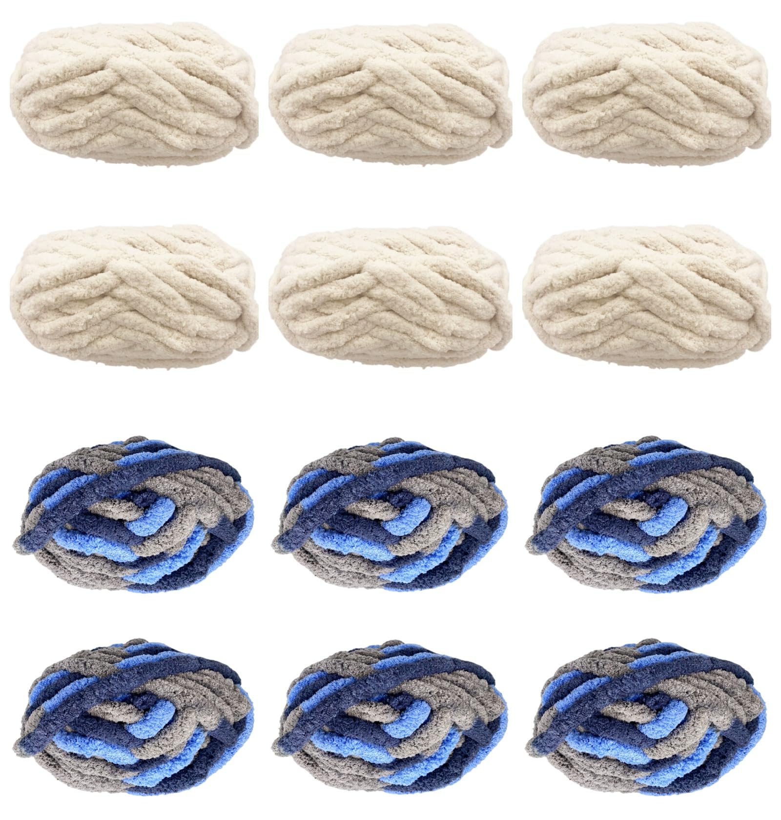 Chunky Chenille Yarn 12 Pack 96oz for Blanket, Beige 6 Pack + Multi Blue Grey 6 Pack Super Bulky Soft Thick Fluffy Jumbo Giant Washable Polyester Big Yarn for Hand Knitting