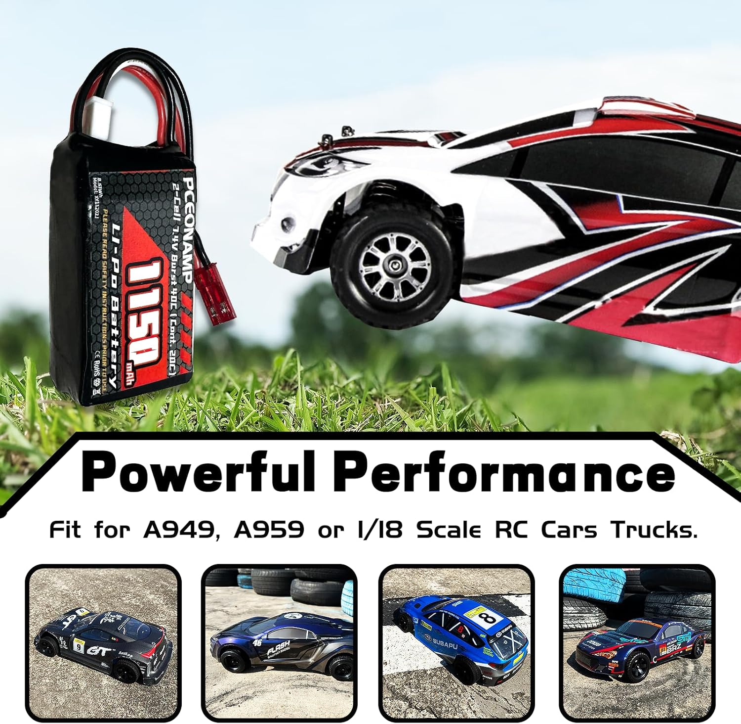 2S Lipo Battery 1150mAh 7.4V Burst 40C with JST Plug Rechargeable High Capacity RC 7.4V Lipo Battery Fit for RC Cars A949, A959 or 1/18 Scale RC Cars Trucks with 1 USB Charger （2packs）