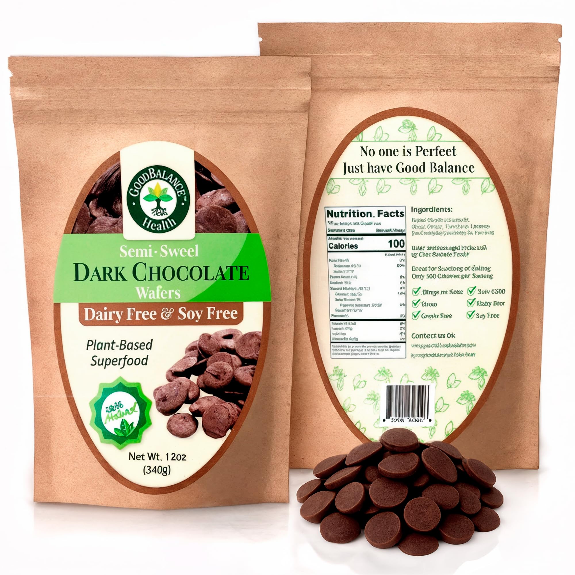 Good Balance Health Dark Chocolate Wafers, Semi Sweet, Dairy Free, Soy Free, Melting Chocolate for Deserts, Baking, Fondue, Dipping, Decorations, 1 Resealable Bag, 24oz total
