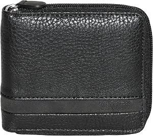 ROOTS Men's Faux Leather Zip Around RFID Protected Slim Bifold Wallet with 6 Card Slots and Double Bill Compartment, 1 ID Window, Black