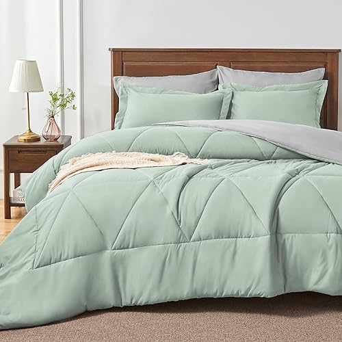 Miniatura 2 de BEDELITE Juego de edredón individual de 5 piezas en una bolsa, juego de cama reversible de microfibra suave verde salvia con edredones, sábanas,