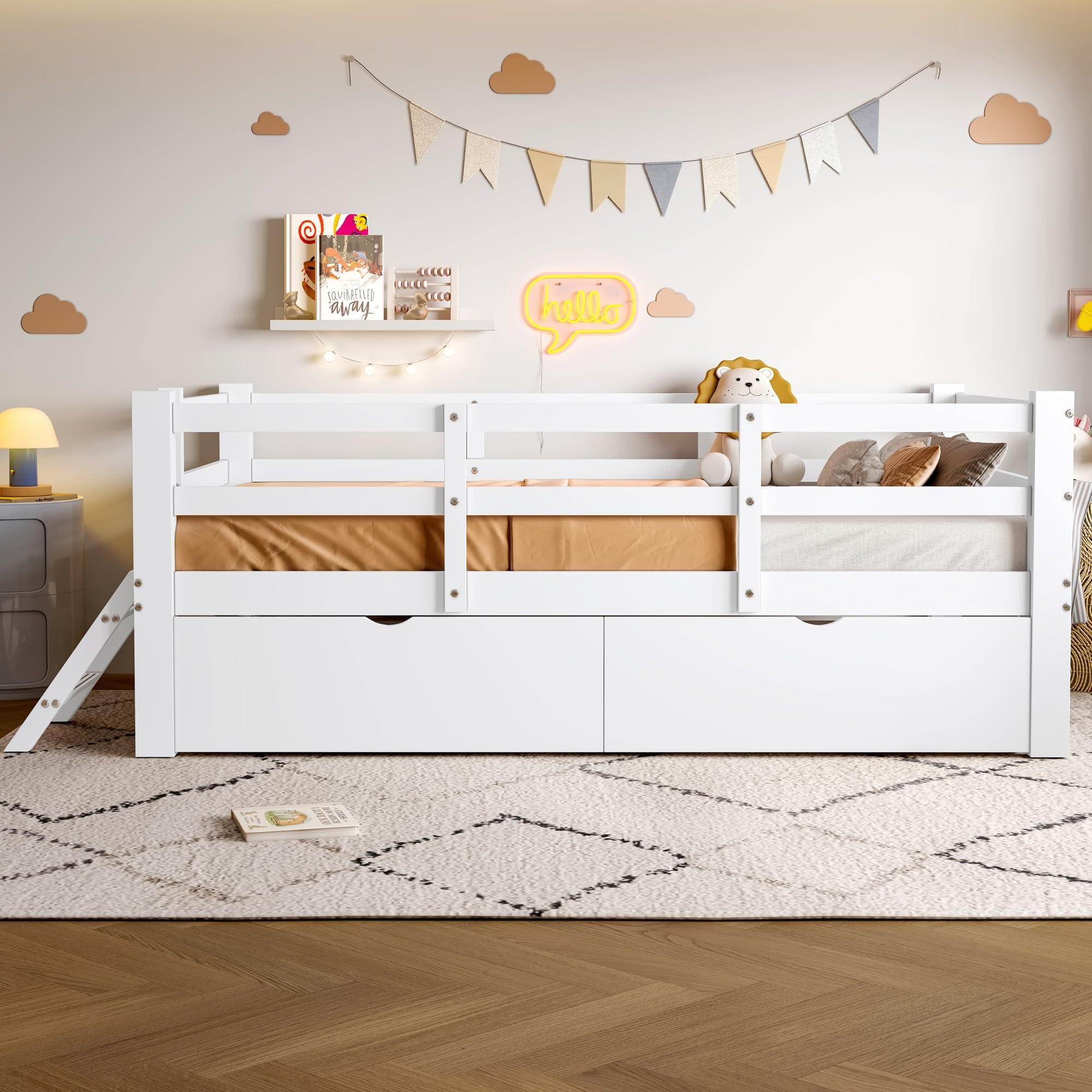 Łóżko platformowe 90 x 200 cm z poręczą ochronną i 2 szufladami, białe, MDF i sosna, dla dzieci