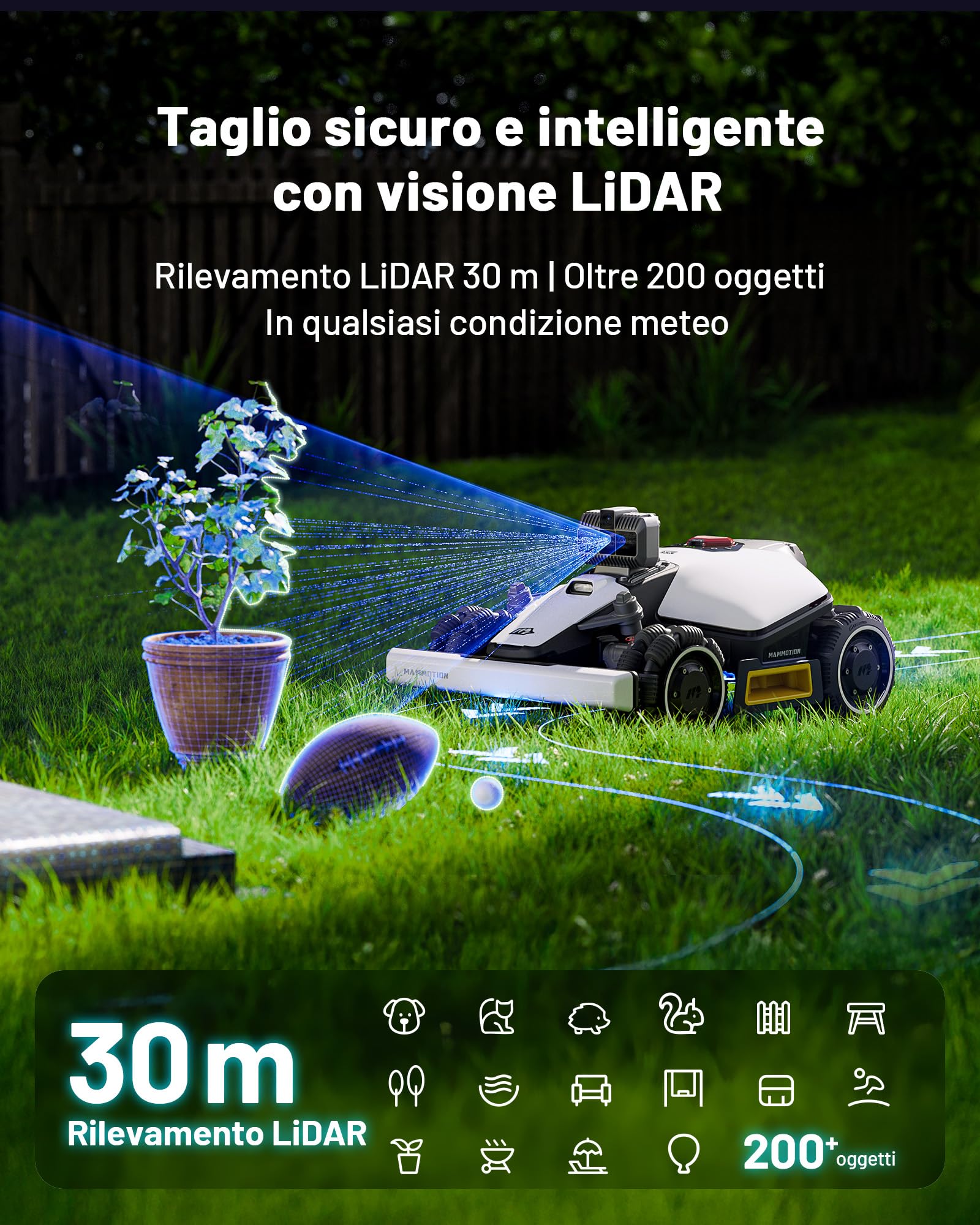 MAMMOTION LUBA mini AWD LiDAR – Robot Tagliaerba Senza Filo Perimetrale con LiDAR 3D+Visione, Senza Antenna RTK, Mappatura Automatica, Superficie Consigliata 1500 m², Modulo 4G, Pendenze Fino all'80 %