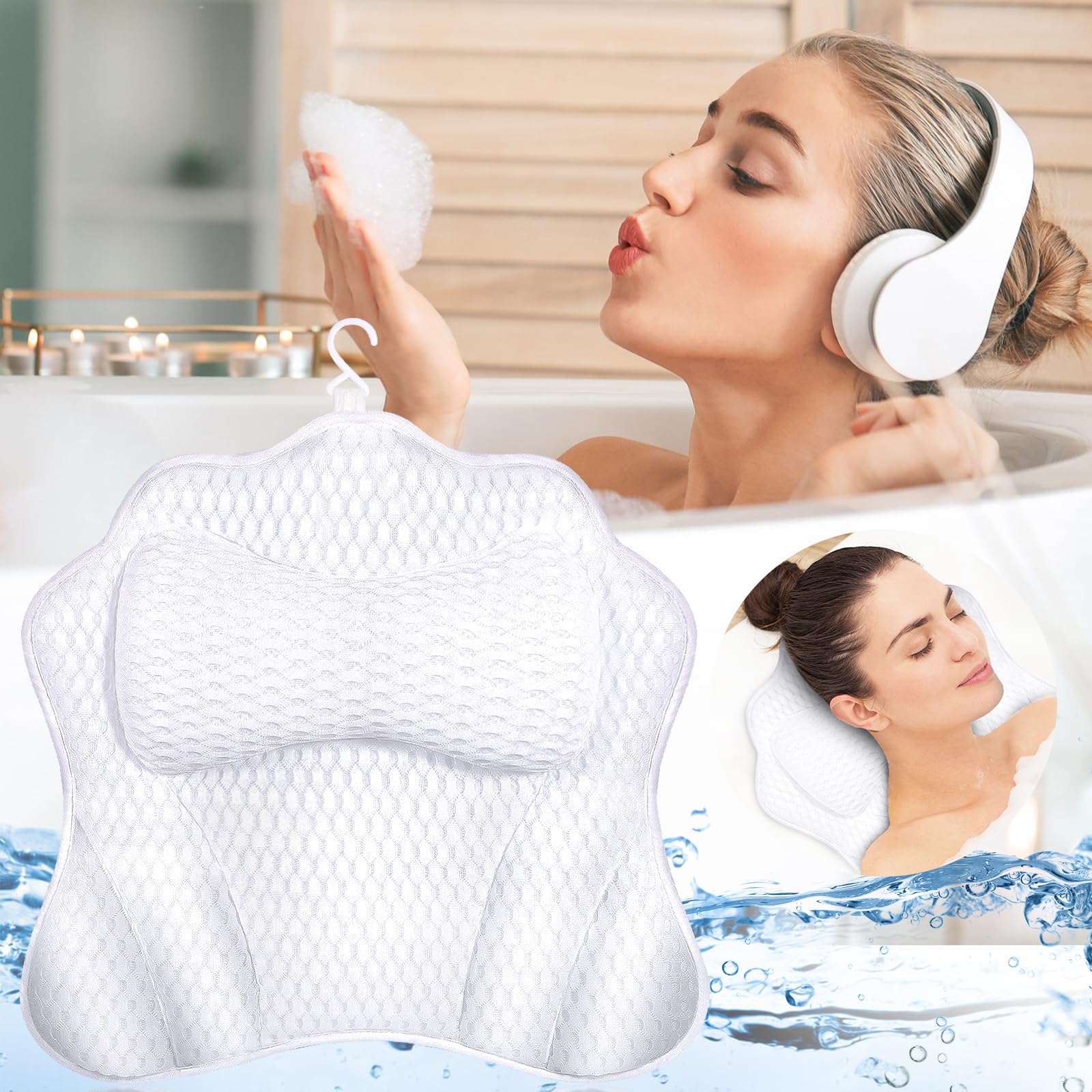 MOYKSRR Almohada para Bañera, Almohada de Baño, Reposacabezas Ergonómico, Almohadas de Bañera Cómoda Malla de Aire 4D Baño, Puede soportar la Cabeza,el Cuello, para SPA en Casa Bañera de Hidromasaje