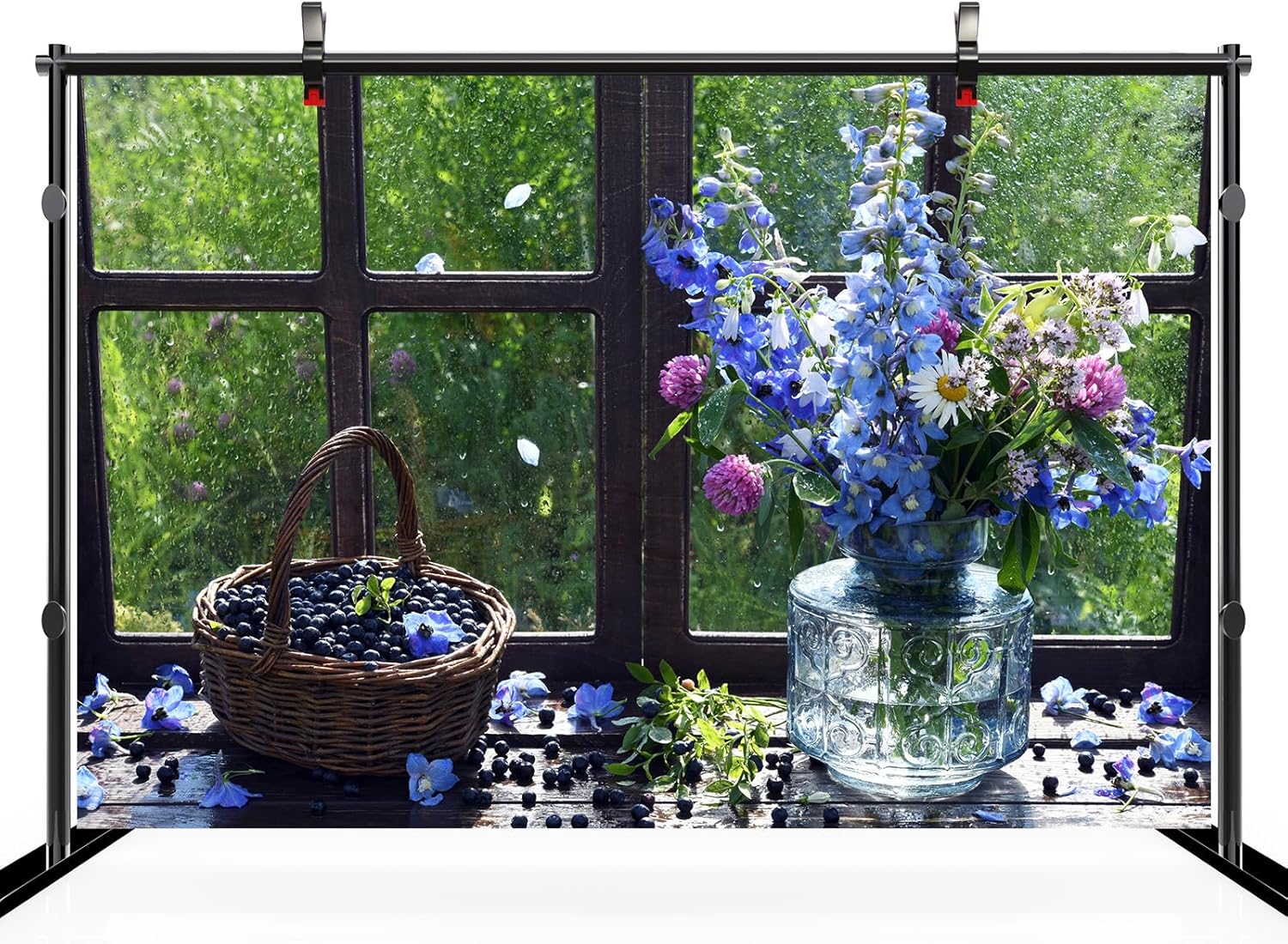 CHNYWORK 138x98 Inches Spring Window Tapestry Wall Hanging Bouquet of Summer Wildflowers and A Basket of Blueberries Background Wall Hanging for Bedroom Aesthetic Living Room Dorm Decor