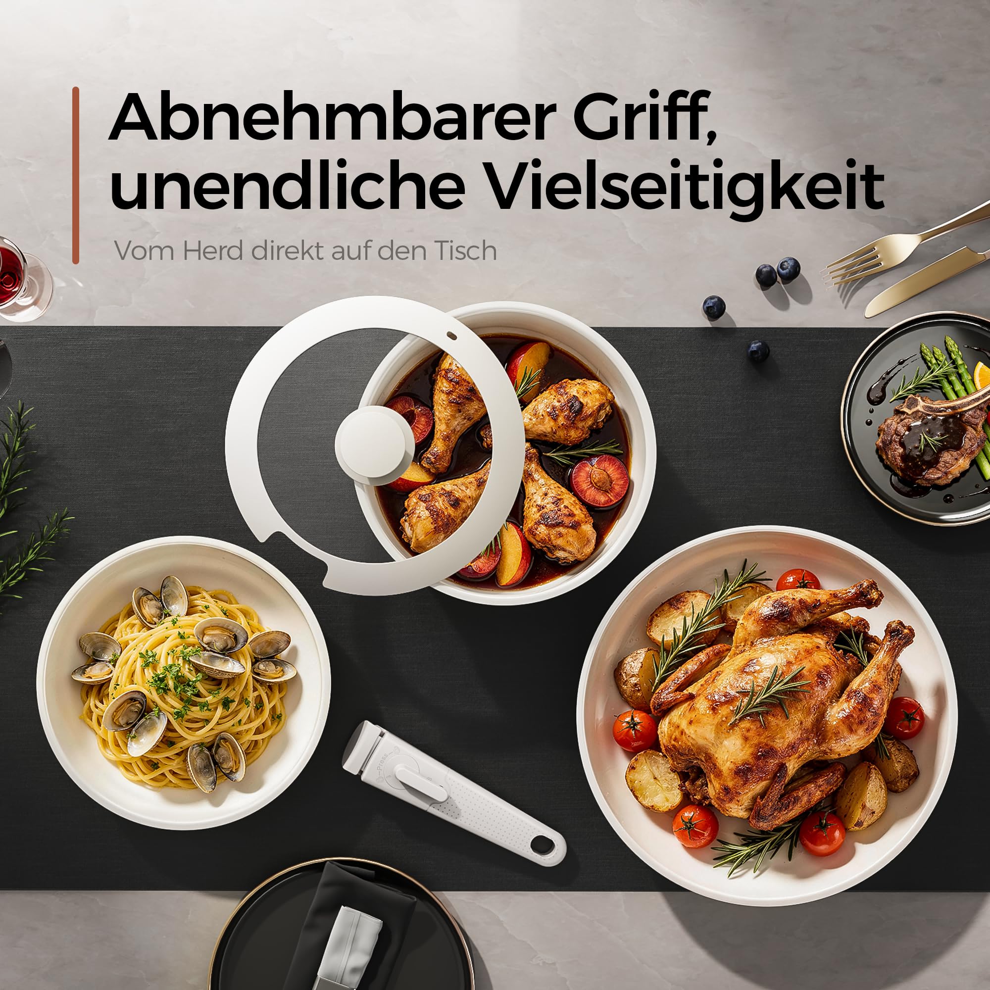 5-Teiliges Antihaft Keramik Pfannenset mit Abnehmbarem Griff, 3-Schichtiger Edelstahl Topf Set-PTFE/PFAS/PFOA frei, Töpfe Induktion, Platzsparendes Kochgeschirr, Backofen & Spülmaschinenfest