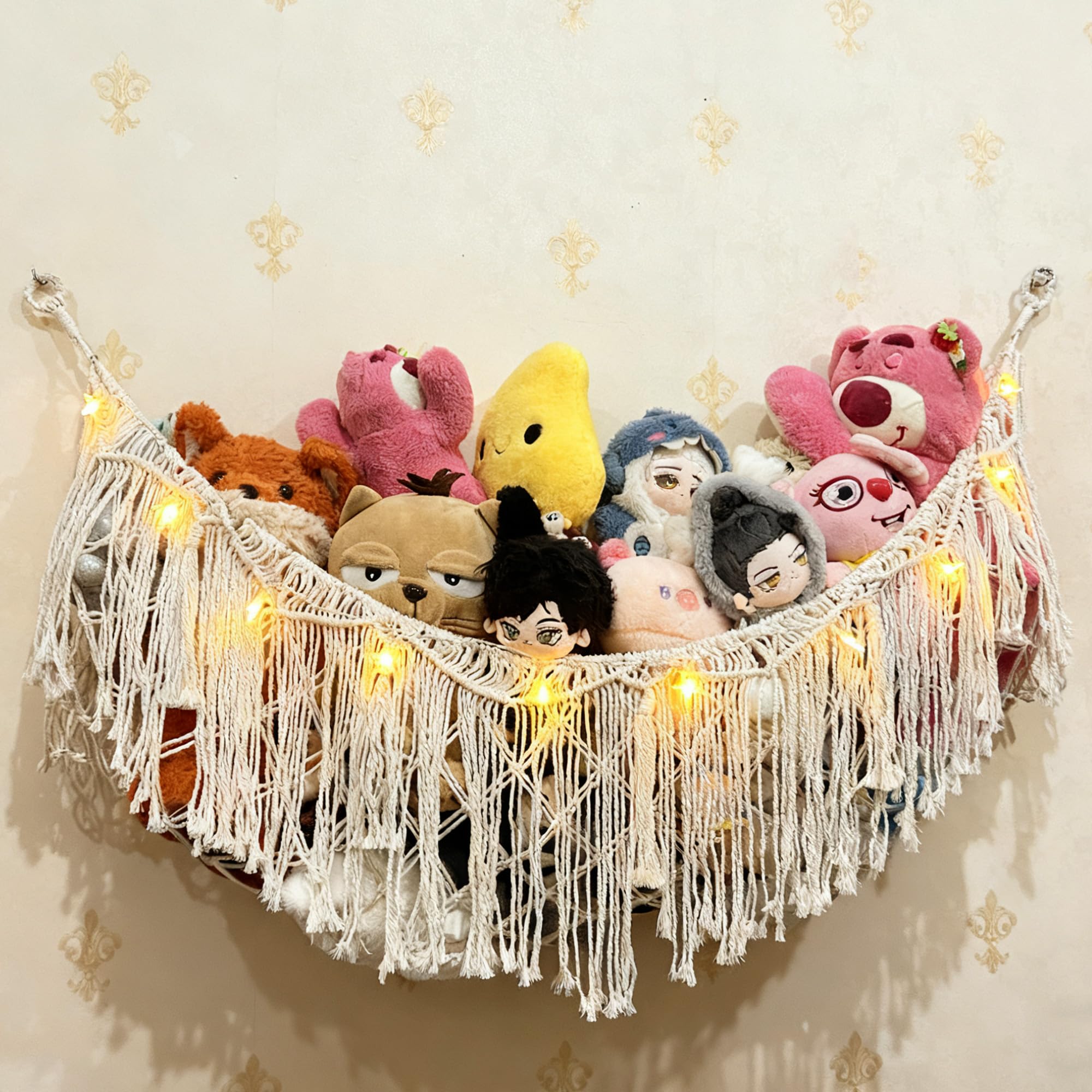 Stuffed Animal Hammock or Net With LED Lights Extra Large Wall Hanging Stuffed Animal Storage Nets for Teddy Bear Handmade Macrame Hanging Toy Net