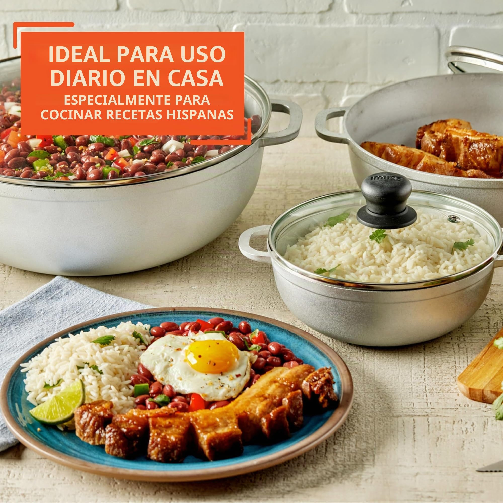 IMUSA Juego Caldero de 3 piezas con tapa de vidrio templado de 1.5/2.5/5.2 cuartos de galón, aluminio, plateado