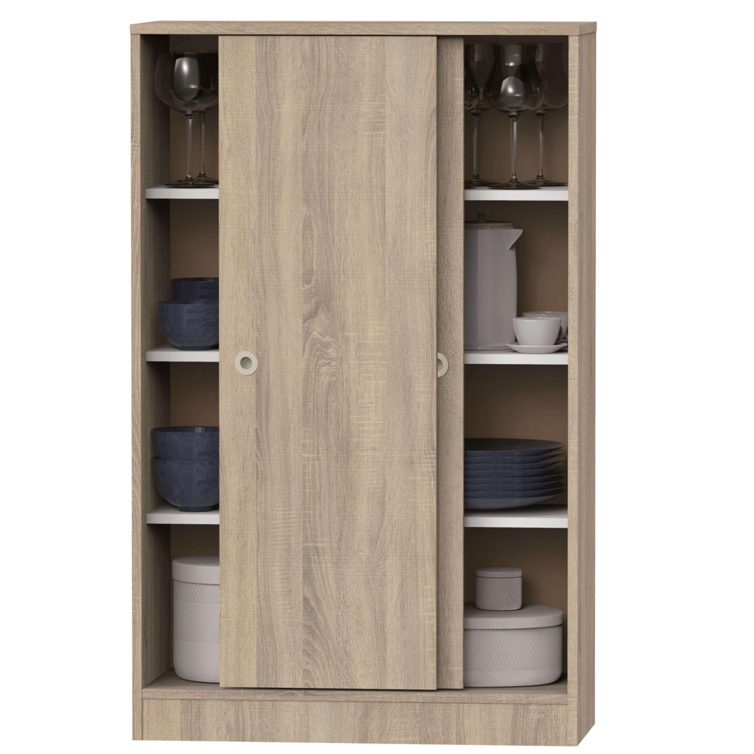 Muebles Pitarch | Armadio Ausiliario Multiuso basso porte scorrevoli per pulizia, cucine, gallerie, uffici 120x74x33cm (altezza x larghezza x profondità), Bianco e Rovere Cambrian, Collezione Tibet