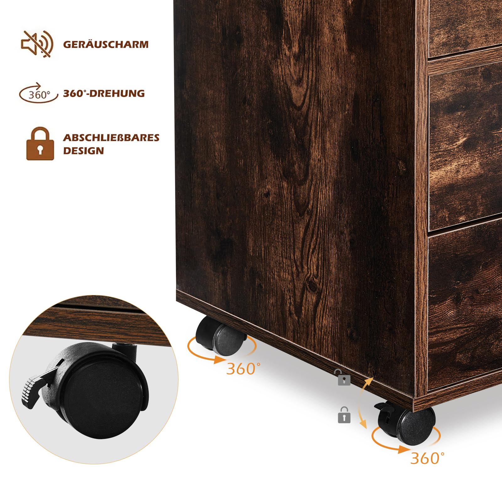 TUKAILAI Rollcontainer, Mobile Aktenschränke, Aktenschrank mit 2 Schublade 2 Regal, Büroschrank mit 4 Rollen 1 Tür, Home Office Lagerung Aktenschrank Abschließbar, 80 x 40 x 74.5 cm, braun