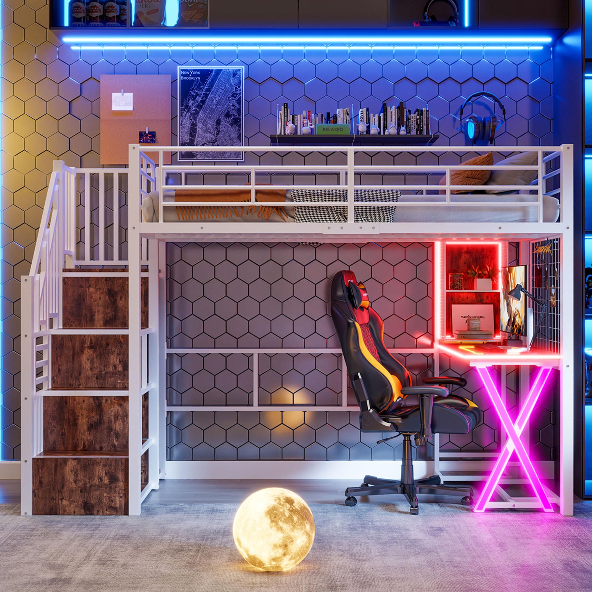 Hochbett, 90x200, Mit LED-Leuchten, Ablageleiter, Schreibtisch, Kleiderschrank, Regale, ohne Matratze, Weiß
