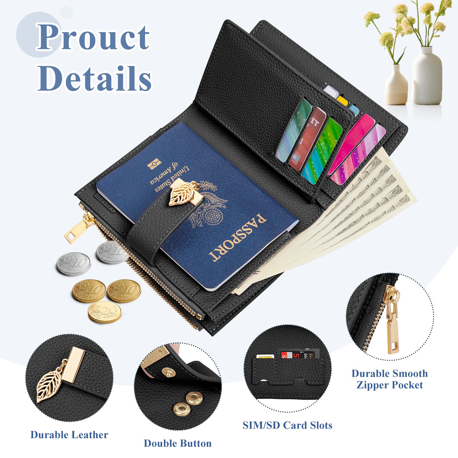 Porte Monnaie Femme, Petit Portefeuille Femme avec Blocage RFID Protege Passeport Porte Feuilles pour Femme avec 16 Fentes pour Cartes et Pochette à Fermeture éclair