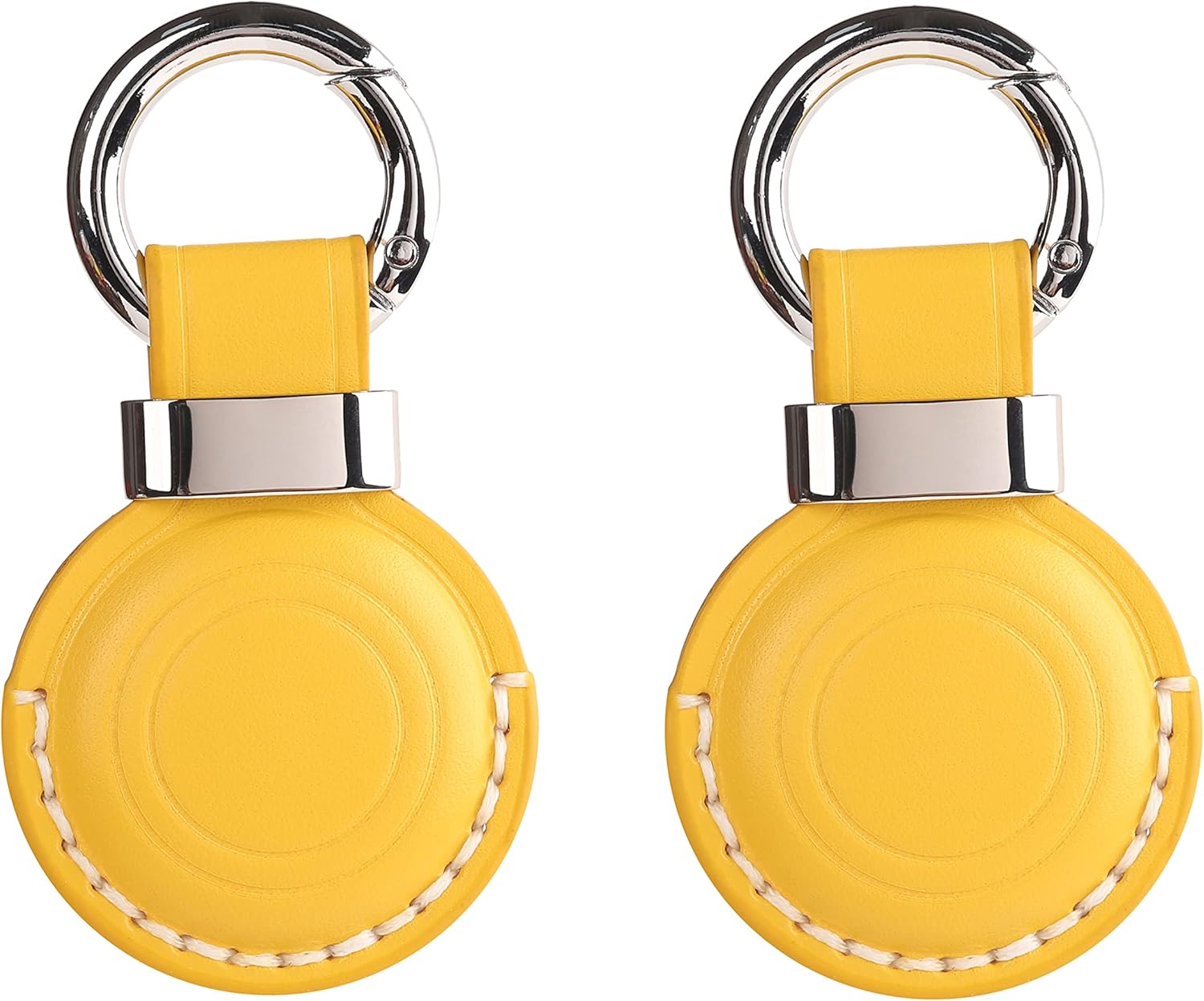 2 Pack LQU Genuine Leather Keychain Holder Compatible with Airtag, Secure Air Tag Keychain Holder Case Cover Key Chain Ring Accessories for Air Tag - Yellow V2.0