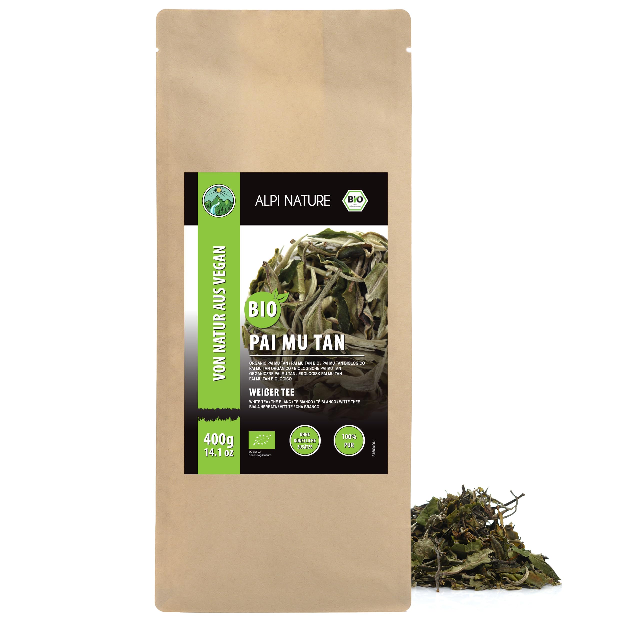 Alpi Nature Pai Mu Tan Tee BIO 400g, Blätter getrocknet, Pai Mu Tan Weisser Tee lose, natürlich koffeinhaltig
