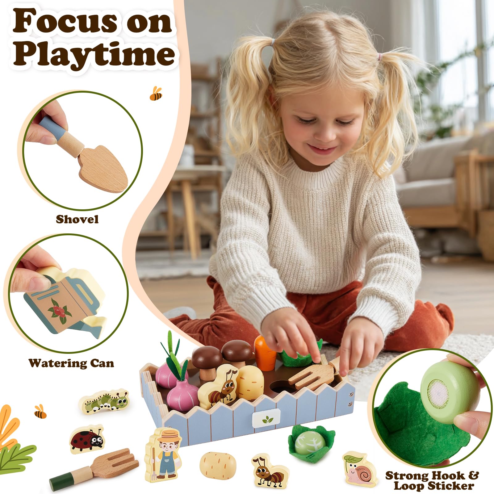 HERSITY Giochi in Legno per Bambini, Fattoria Giocattolo con Verdure Insetto, Gioco di Finzione Regalo Bambino Bambina per 2 3 Anni (Blu)