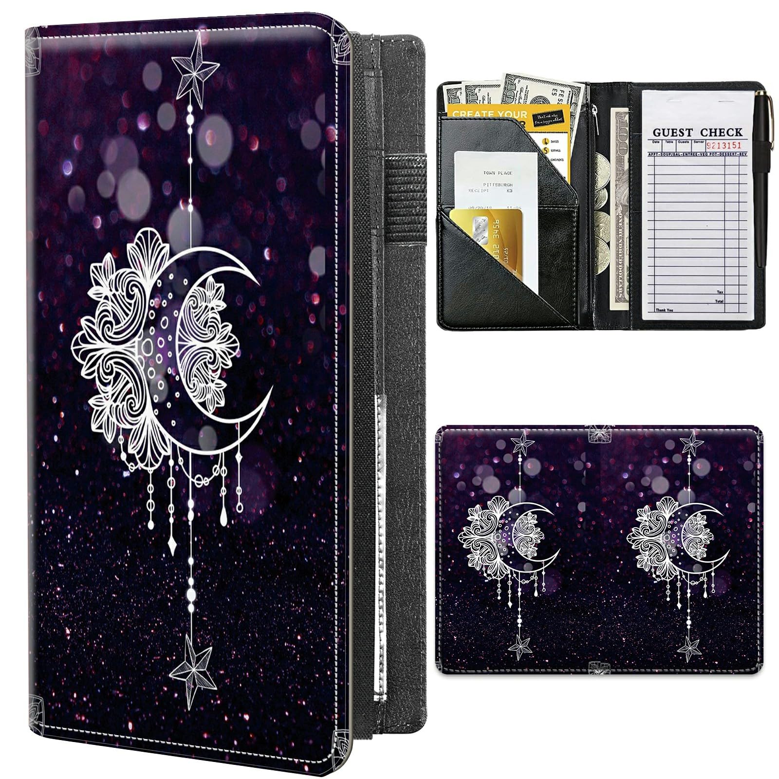 Waiter Book Server Wallet-7.7 x 5" PU Leather Waitress Book with Zipper,Check Holder & Money Pockets-Multi-Pocket Organizer for Bills,Cards,Pens (Fits