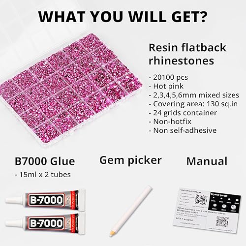 Miniatura 2 de 20100 diamantes de imitación rosa intenso con pegamento b7000 para manualidades, manualidades, ropa, camisetas de tela, kit de gemas de cristales de