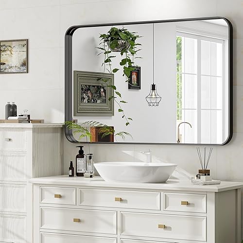 Miniatura 10 de Espejo de baño negro de 30 x 22 pulgadas, espejo moderno para pared con esquinas redondeadas, espejos de baño para tocador, espejo enmarcado de