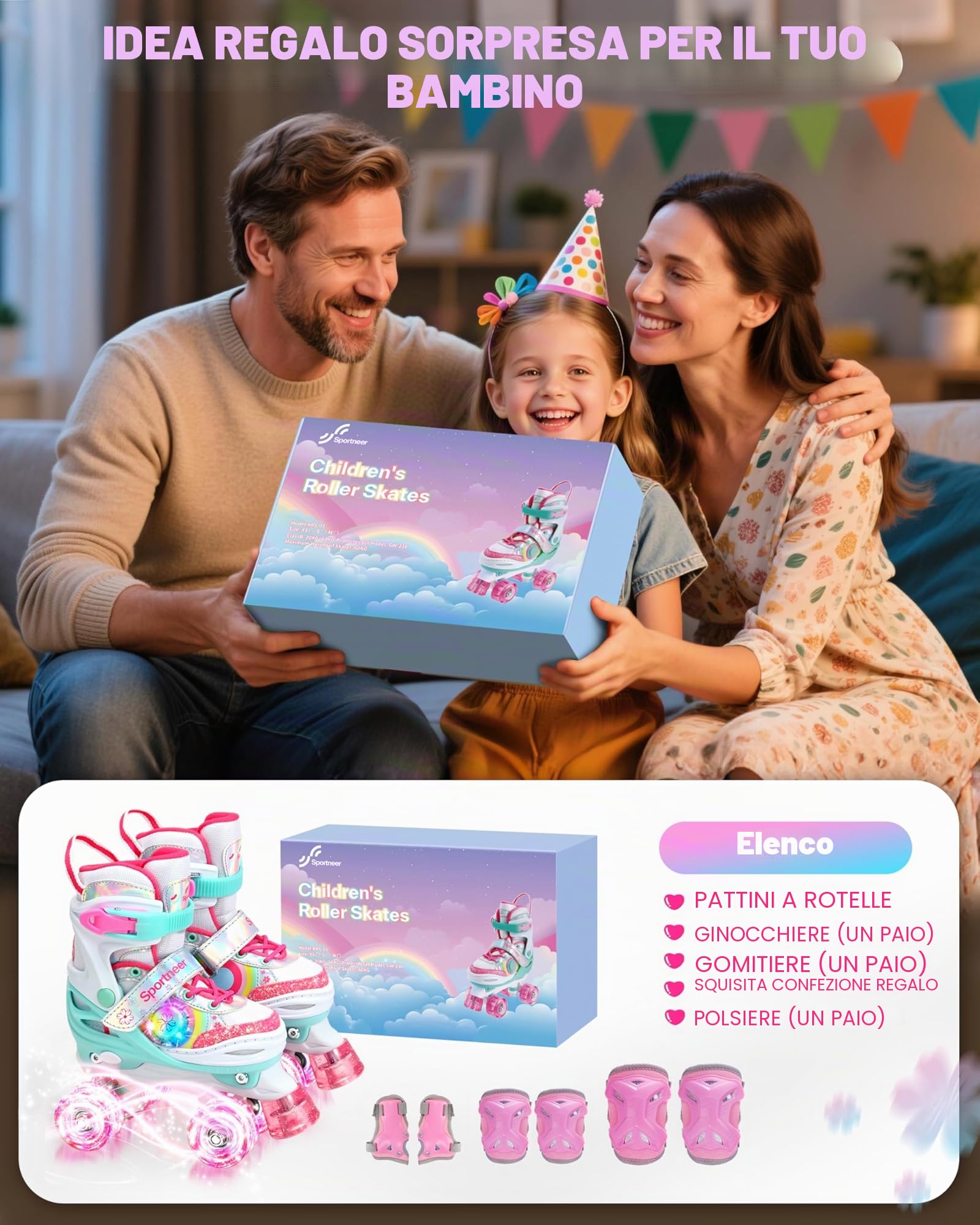 Pattini a rotelle per bambine regolabili 4 misure con 8 ruote LED illuminate