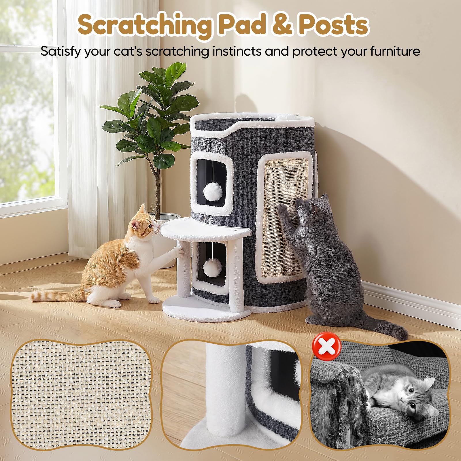 Cuccia per gatti a 3 piani, con tiragraffi e piattaforma per gatti da appartamento, con 2 grotte e piattaforma di visualizzazione, mobili per gatti con palla da gioco, 43 x 62 cm, grigio