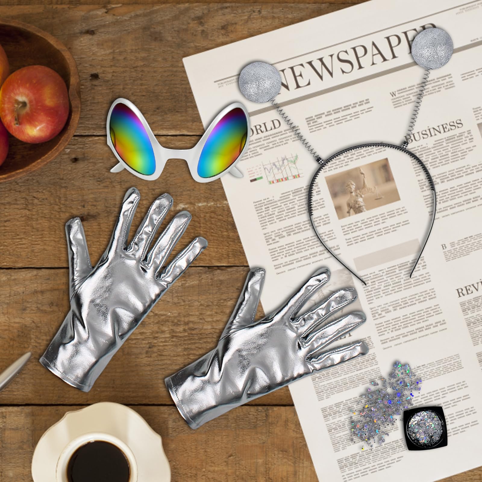 XcnPer 4Pcs Alien Costume, Alien Costume Set for Halloween Cosplay, Includes Headband, Glasses, Gloves and Glitter, Perfect for Themed Parties - Image 4