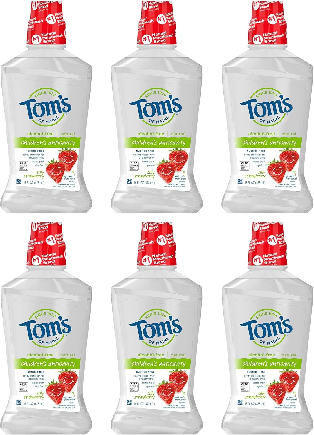 Tom's of Maine Children's Anticavity Fluoride Rinse Mouthwash, Silly Strawberry, 16 Fl Oz (Pack of 6) (Packaging May Vary)