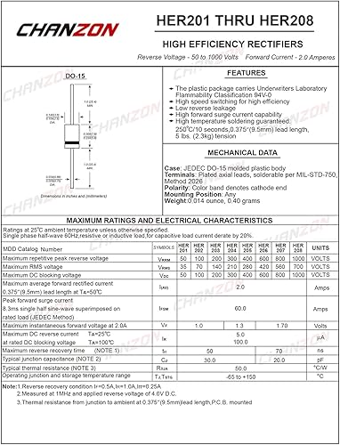 Miniatura 2 de Chanzon HER208 Diodo Rectificador de Alta Eficiencia 2A 1000V 50-70ns DO-15 (DO-204AC) Axial 2 Amp 1000V Diodos Electrónicos (100 unidades)