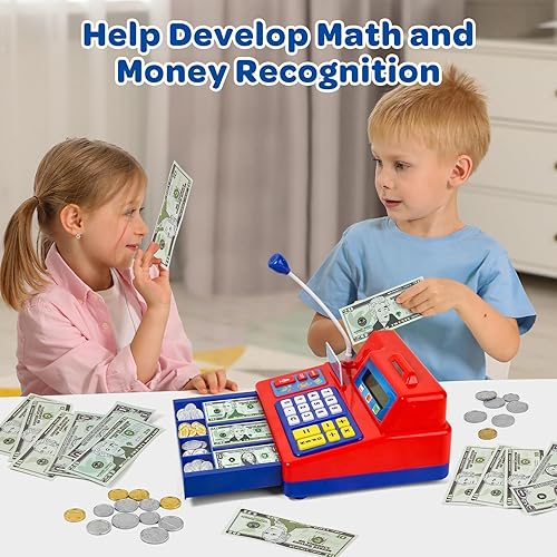 Miniatura 5 de Calculadora de caja registradora de juguete de regalo para niños de 3, 4, 5, 6, 7, 8 años en adelante, 103 piezas de comestibles con micrófono,