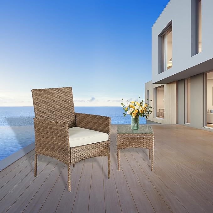 This conversation set is made of durable and weather-resistant materials such as steel frames and PE rattan wicker, ensuring long-lasting use and easy cleaning. The coffee table is designed with a tempered glass top for added elegance and functionality. This patio furniture set is versatile and can be placed in a variety of outdoor spaces like porches, gardens, and small patios, adding a touch of style and comfort to your outdoor living area.