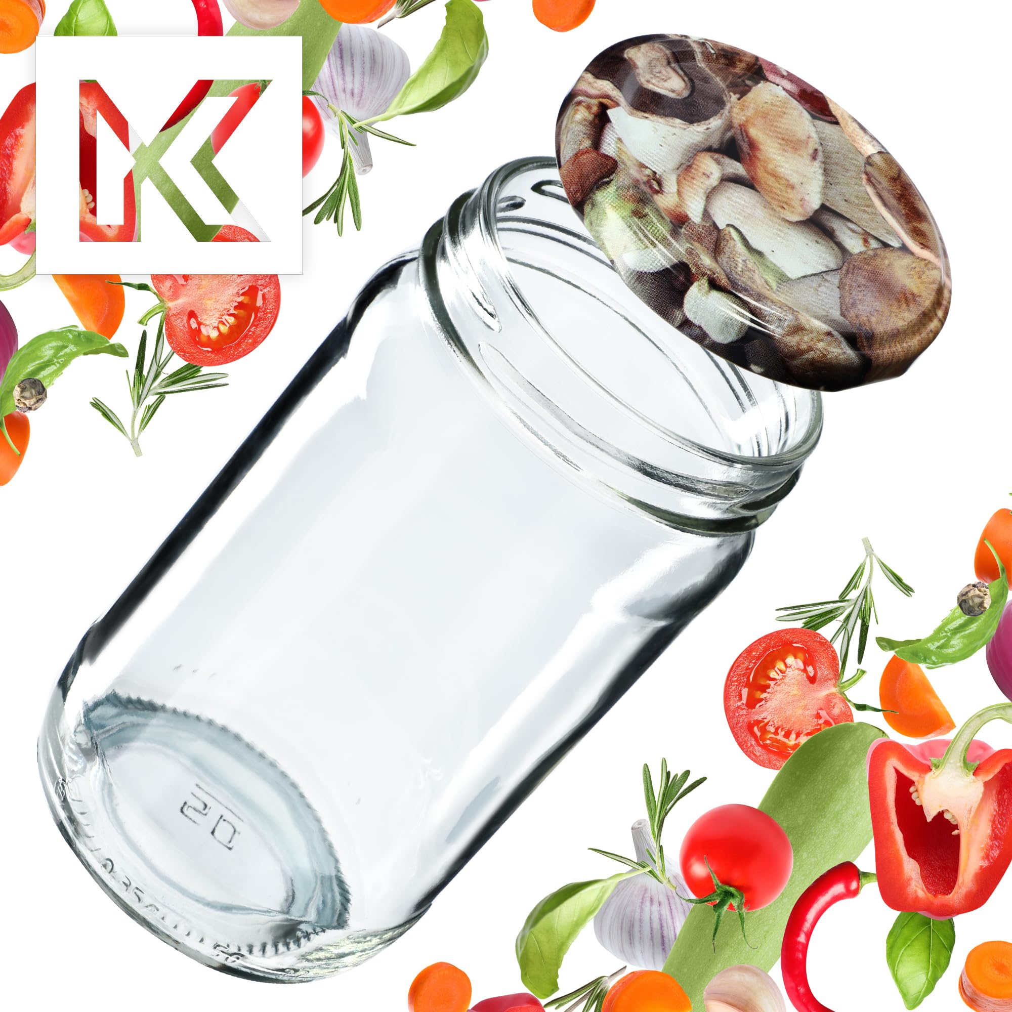 KADAX barattoli in vetro 350ml Ø66 funghi – tappo a vite ermetico, lavabili in lavastoviglie, per marmellate, miele, conserve e spezie