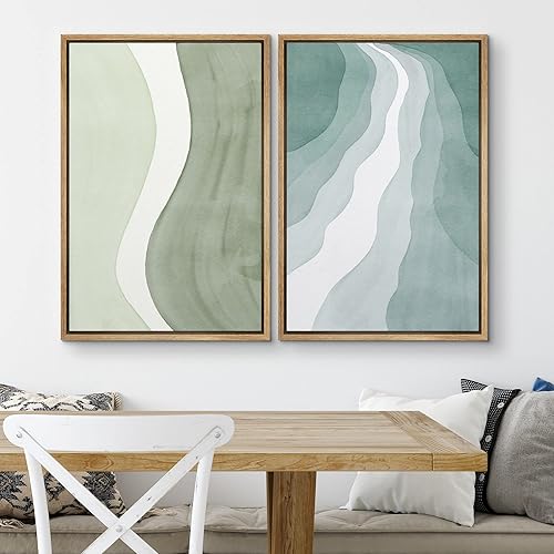 Miniatura 2 de SIGNWIN Lienzo enmarcado para pared, juego de arte de collage de ondas en acuarela pastel, verde, verde azulado, ilustraciones con formas