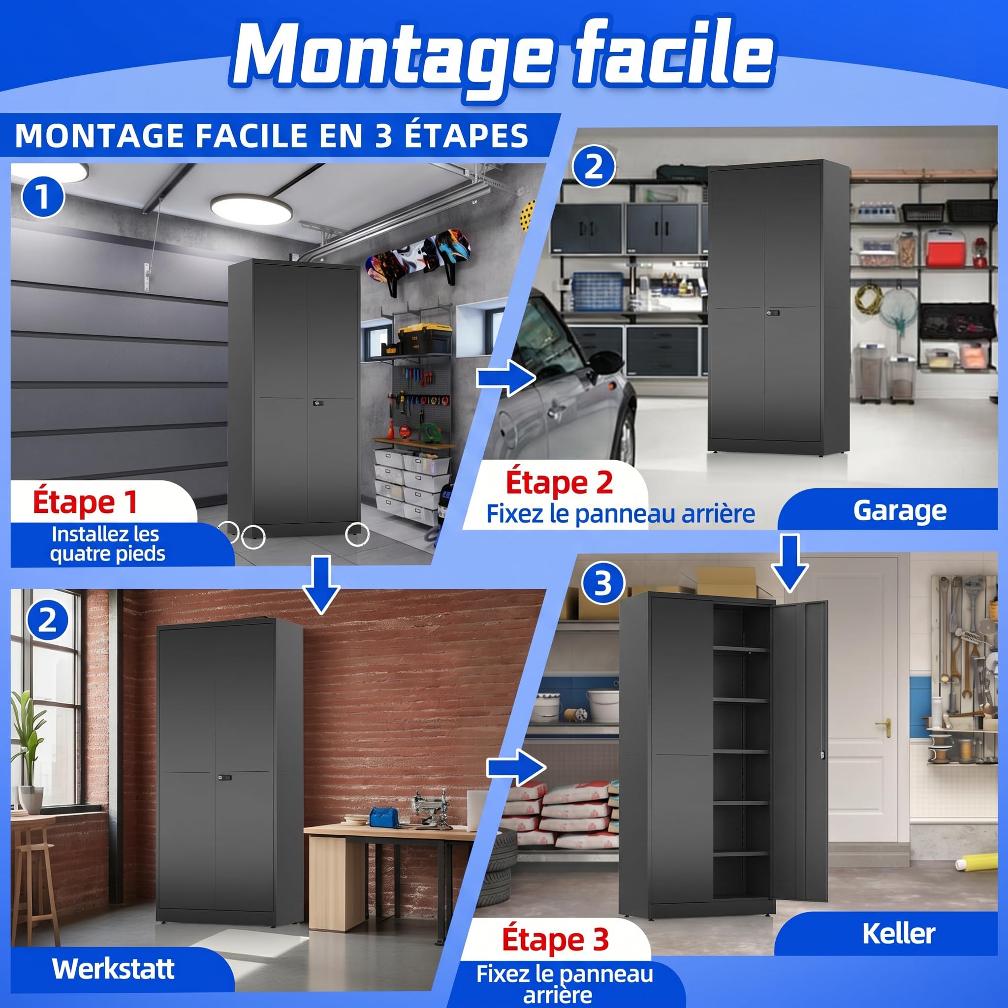 Armoire de Rangement Garage, Armoire Métallique avec Serrure à Combinaison, Cabinet de Stockage en Acier avec Étagères Réglables, Organisateur d'Outils et Maison, 40 x 80 x 180 cm, pour Bureau, Noir