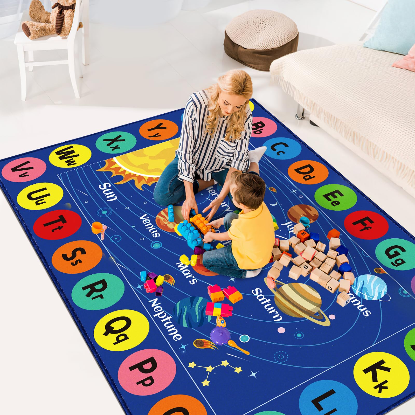 AKASISRUG Outer Space Rug for Kids Room, ABC Educational Learning Kids Carpet, Non-Slip Solar System Road Play Play Rug for Kids Bedrooms, Classroom, Nursery Room Decor (Blue, 59X39.4 INCH)