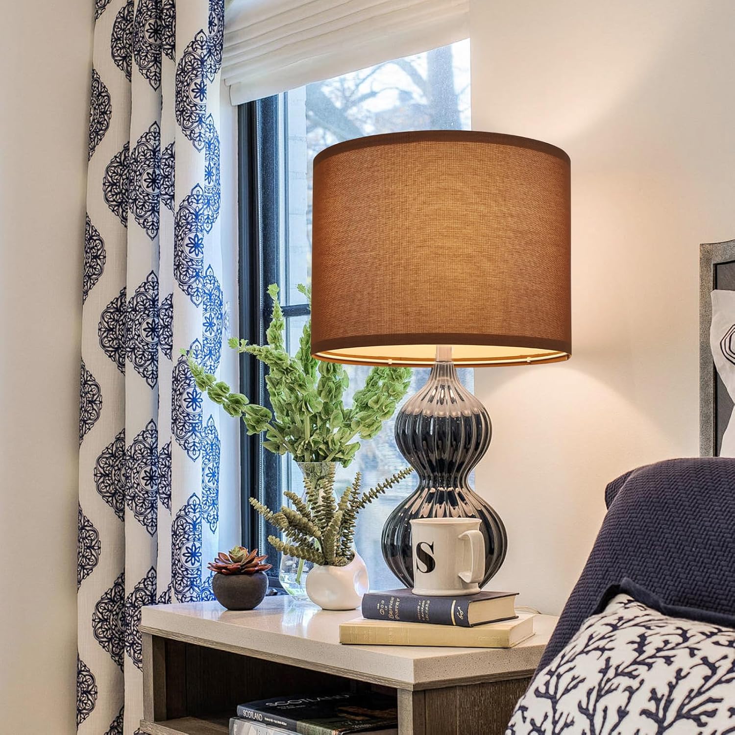 Lamp Shades Set of 2, Drum Lampshade for Table Lamps Floor Lamp, 13" Top X 13" Bottom X 10" High Brown Large-Medium Line Fabric Lamp Shades, Easy Assembly Replacement Lampshades