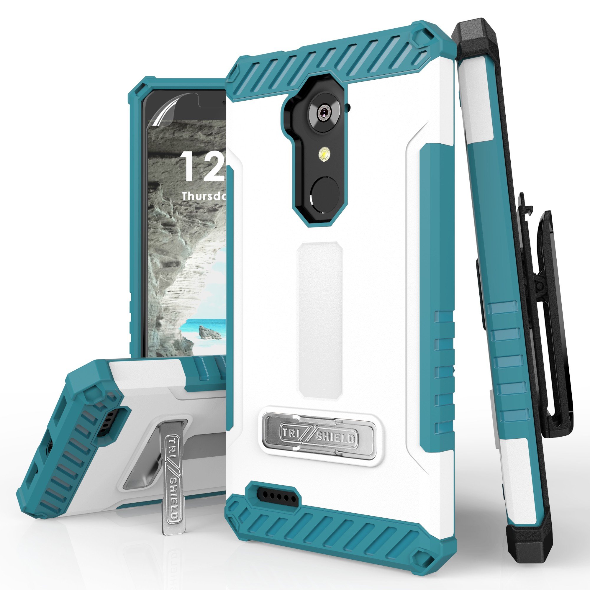 Beyond Cell Compatible with ZTE Blade X Max/Max XL/Blade Max 3/ Zmax Pro/Grand X Max 2/ Imperial Max/Max Duo Case/Trishield Durable White Light Blue Phone Cover with Belt Clip Holster Kickstand