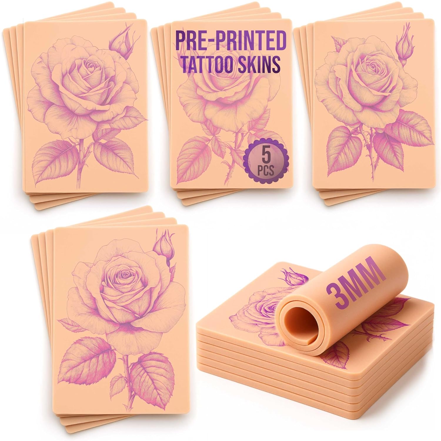 5 Pre Printed Tattoo Practice Skins Free Tutorial 3mm Fake Skins for Tattooing (5 Pack) Realistic Rose Set